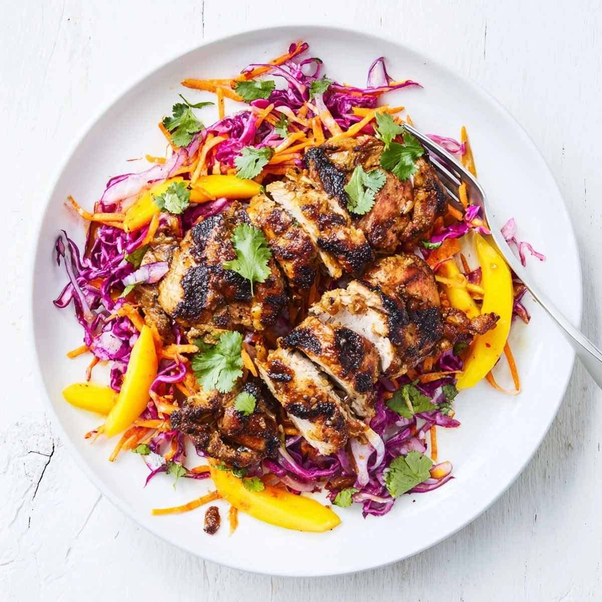 Smoky jerk chicken resting beside a colorful tropical mango slaw with lime.