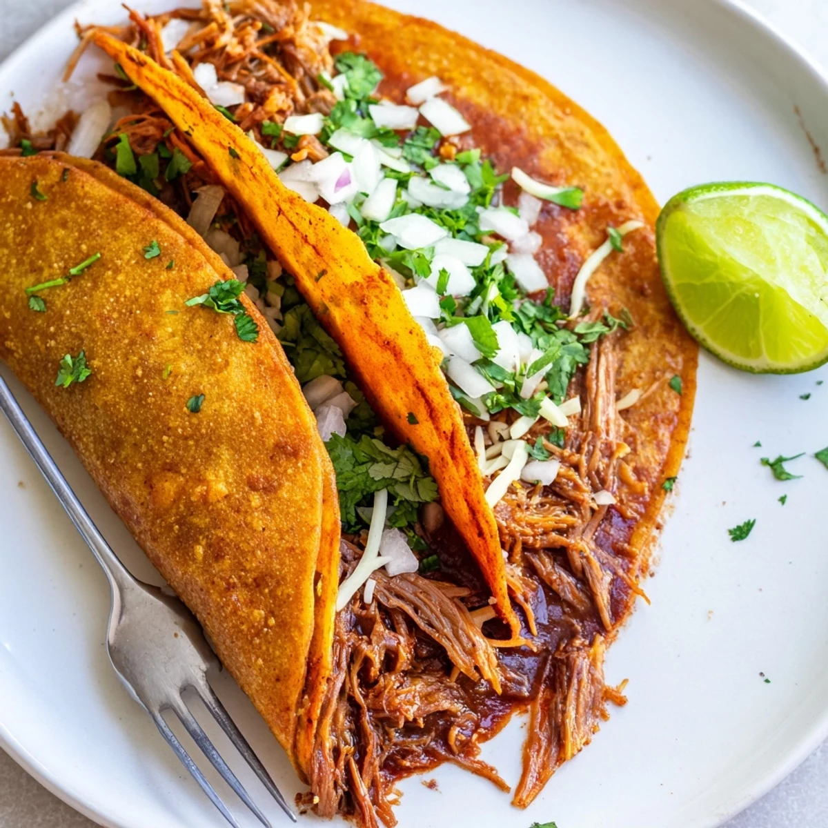Crispy slow cooker birria tacos topped with onion, cilantro, and melted cheese
