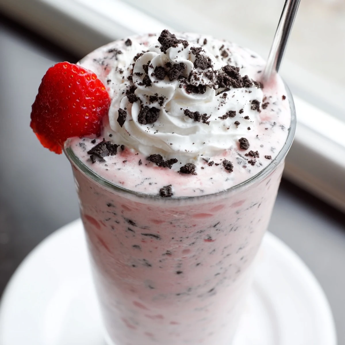 Thick pink strawberry Oreo milkshake topped with whipped cream and crushed cookies