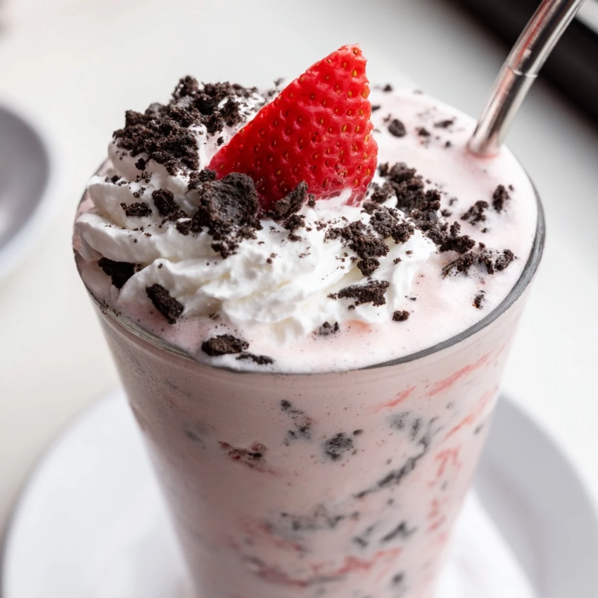 Two tall glasses of creamy strawberry Oreo milkshake garnished with fresh strawberry slices