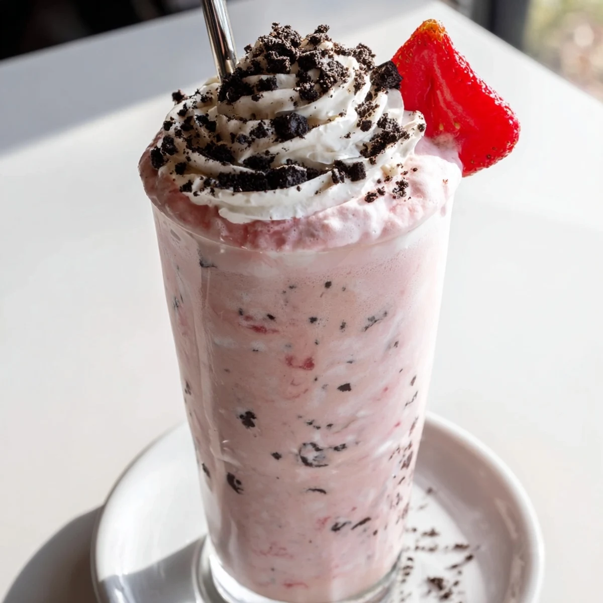 Rich strawberry Oreo milkshake drizzled with chocolate and served with a cookie rim