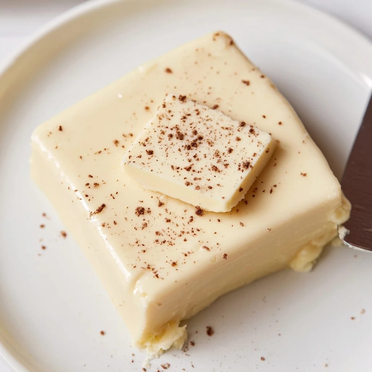 Creamy Eggnog Fudge squares dusted with nutmeg, stacked on parchment  
