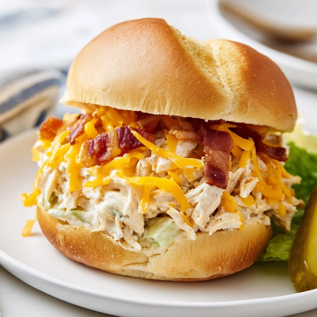 Crack Chicken Sandwiches piled on brioche, creamy cheesy filling, crispy bacon topping