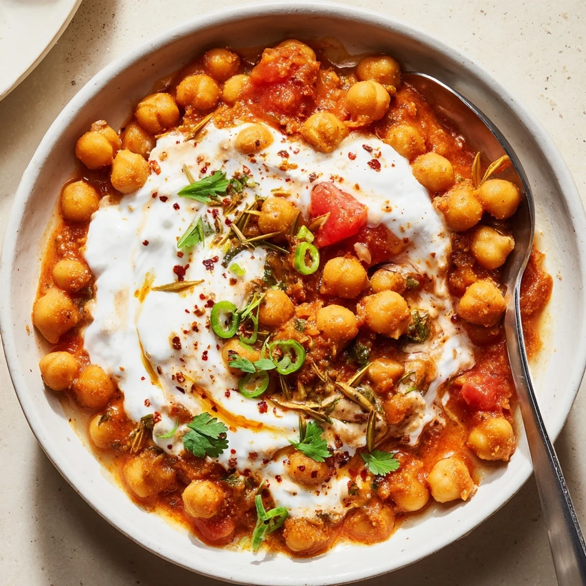 Creamy Greek Yogurt Chickpea Curry steaming over basmati, garnished with cilantro