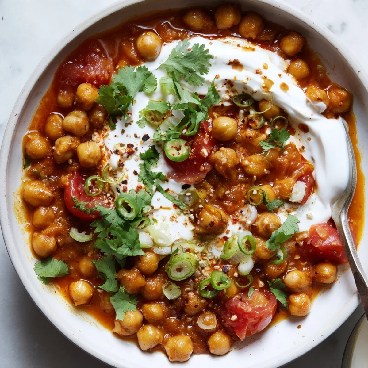 Warm Greek Yogurt Chickpea Curry rich with spices, tomatoes, and tender chickpeas