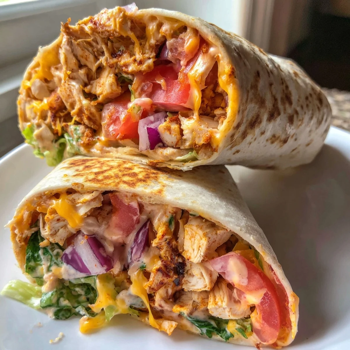 Warm Cheesy Garlic Chicken Wraps with melty cheddar, garlic aroma, and crisp lettuce