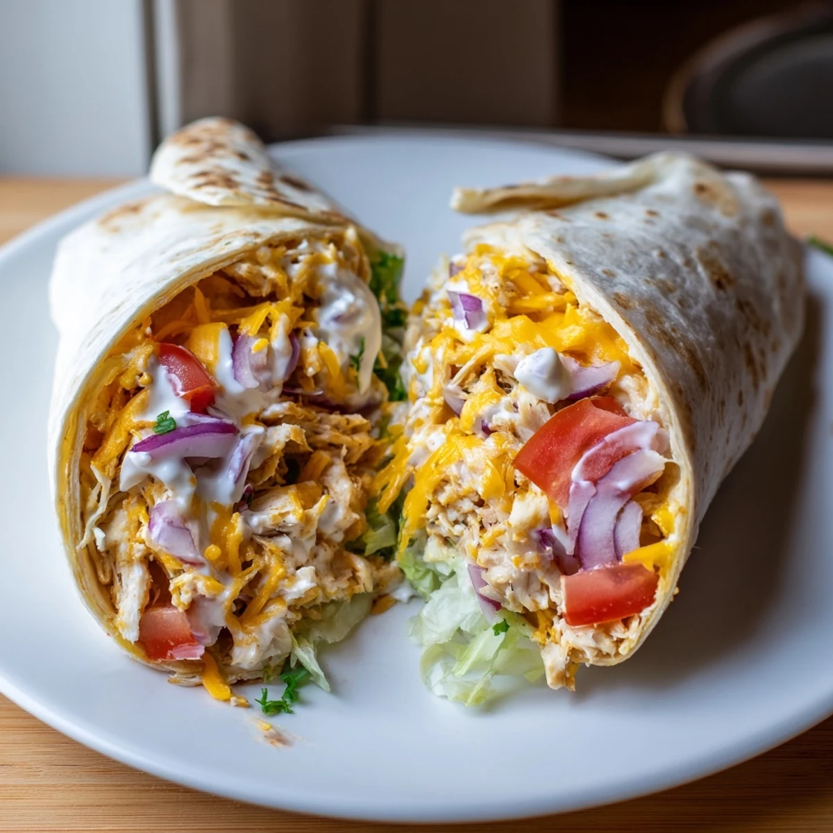 Handheld Cheesy Garlic Chicken Wraps cut in half, cheese oozing, served warm