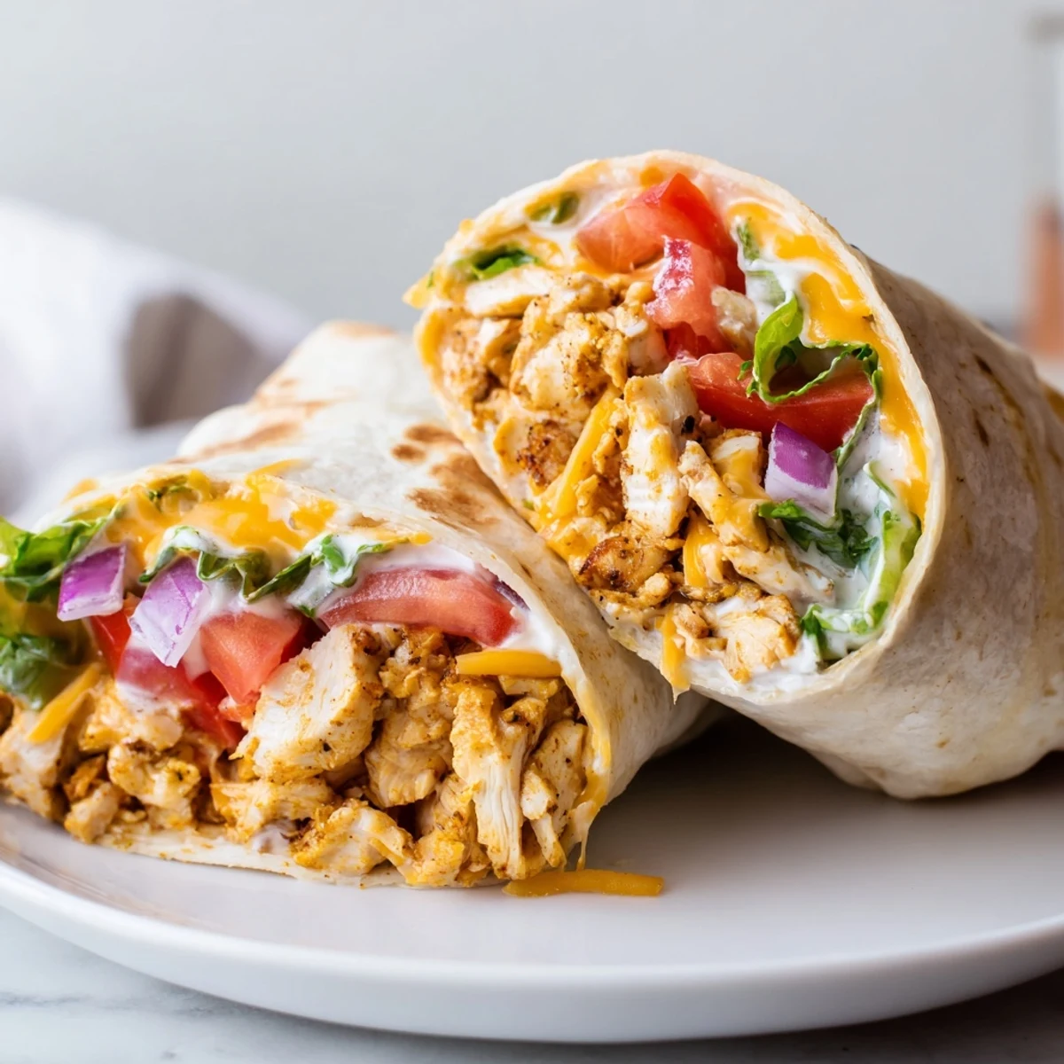 Skillet-seared Cheesy Garlic Chicken Wraps with lemon-herb sauce, tomato and romaine