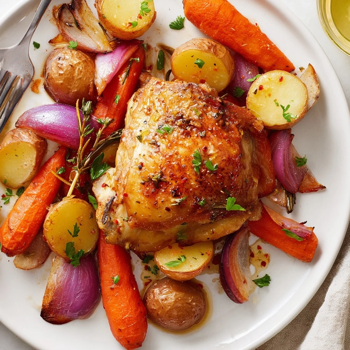 Golden skinned Sheet Pan Chicken And Potatoes with rosemary scented roasted vegetables, steaming