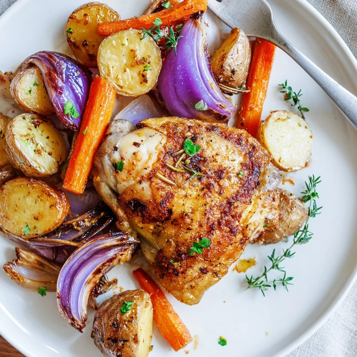 Family style oven roasted Sheet Pan Chicken And Potatoes with herb aroma and carrots