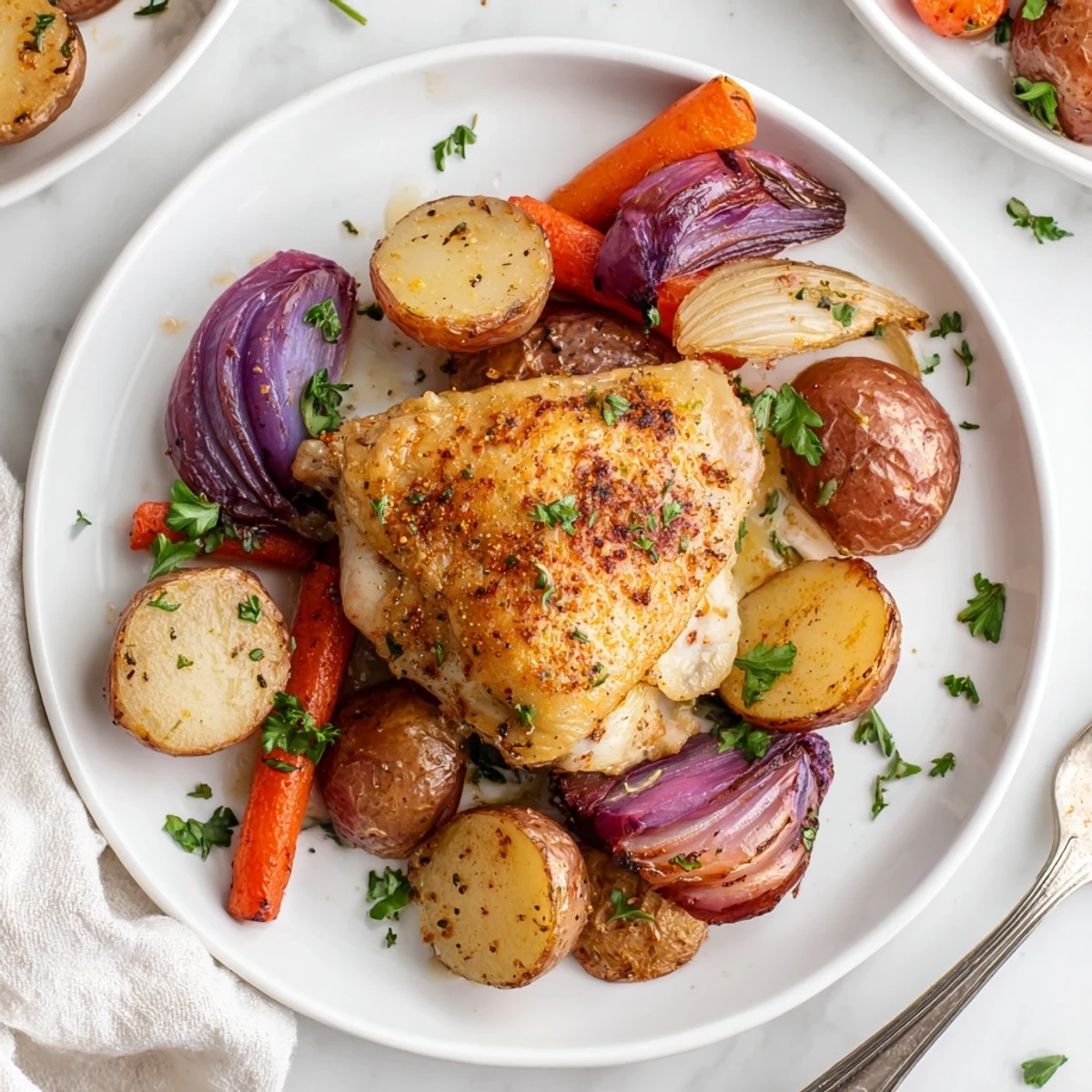 Crispy skin Sheet Pan Chicken And Potatoes resting on parchment, parsley sprinkled