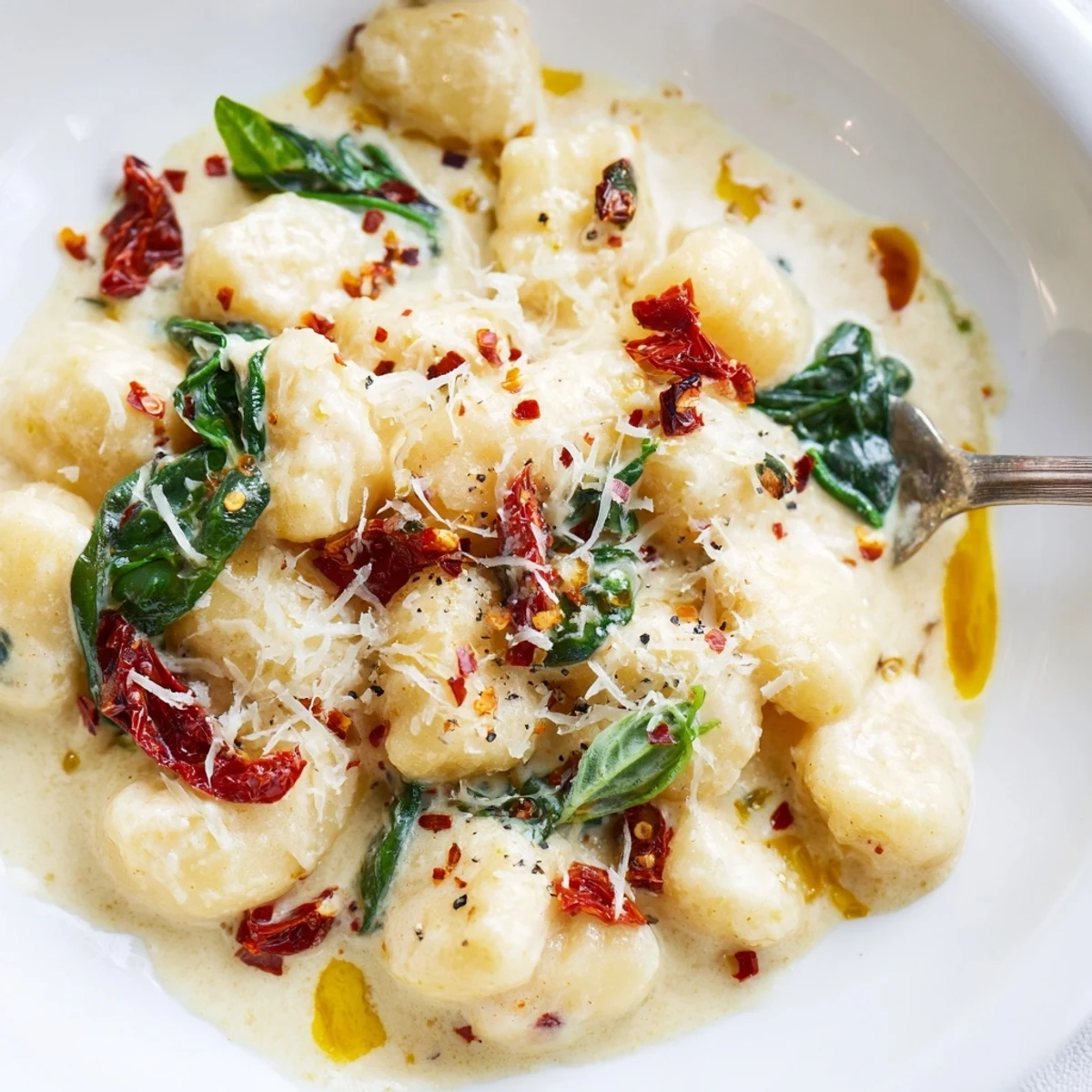 Creamy Marry Me Gnocchi glistening with sun-dried tomatoes and melted Parmesan