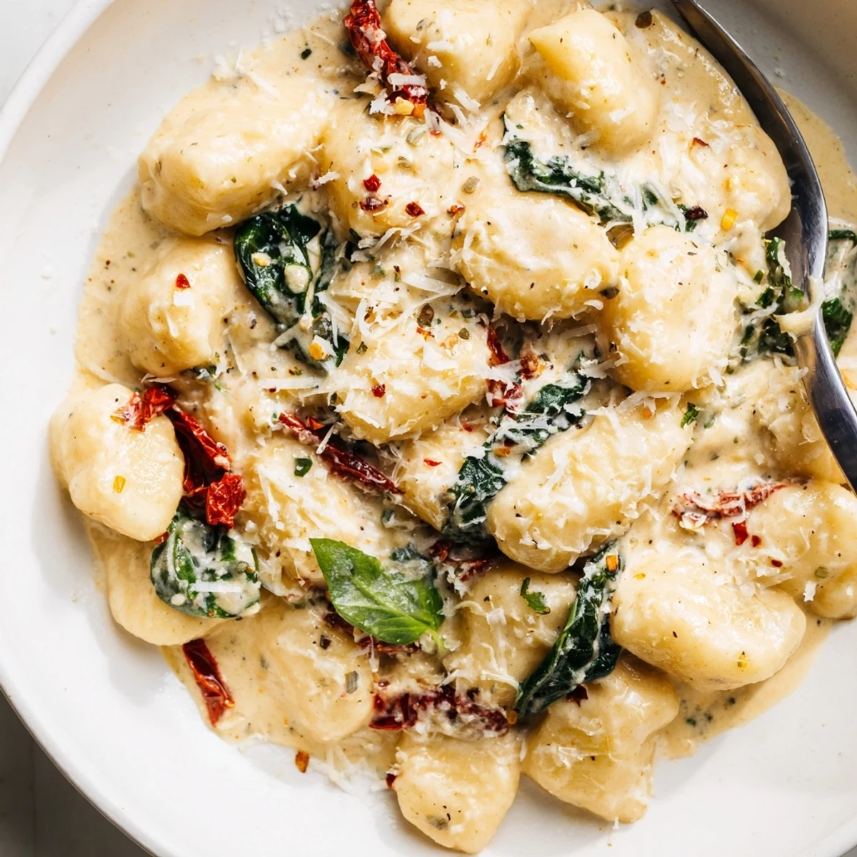 Weeknight Marry Me Gnocchi tossed with wilted spinach, fresh basil, warm aroma