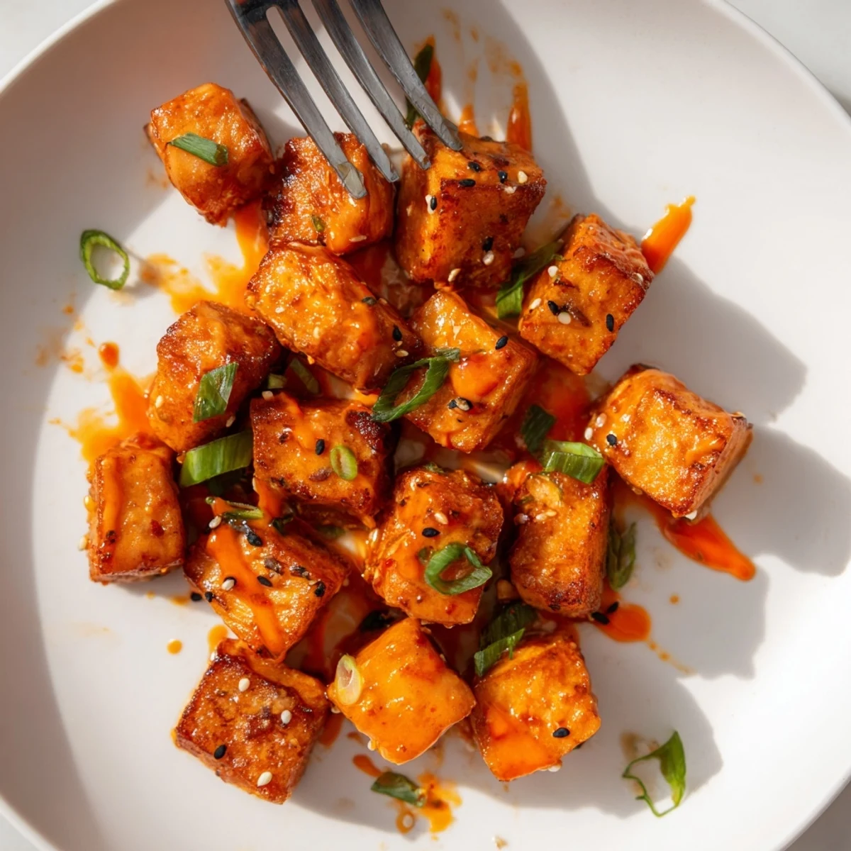 Crispy Bang Bang Salmon Bites tossed in creamy spicy sauce, scallions garnish.