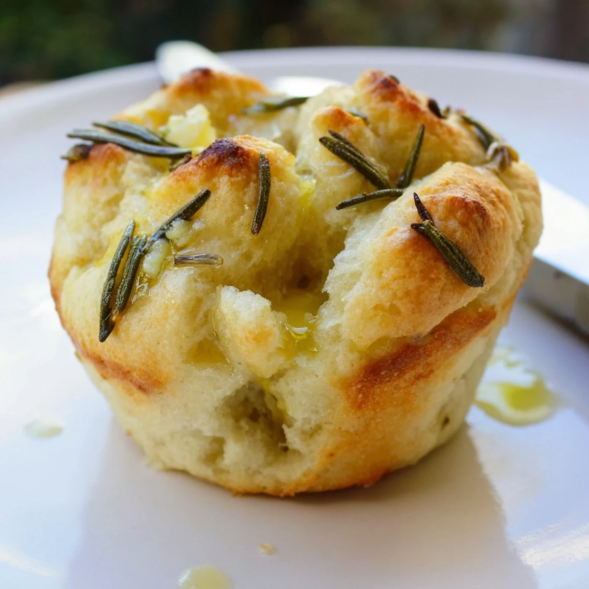 Freshly baked Garlic Rosemary Focaccia Muffins served warm beside bowl of soup