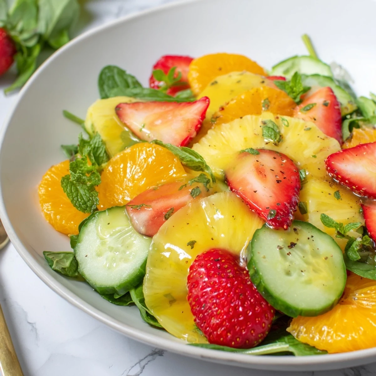 Sunshine Salad piled with citrus, strawberries, and mint, dressed with honey lime