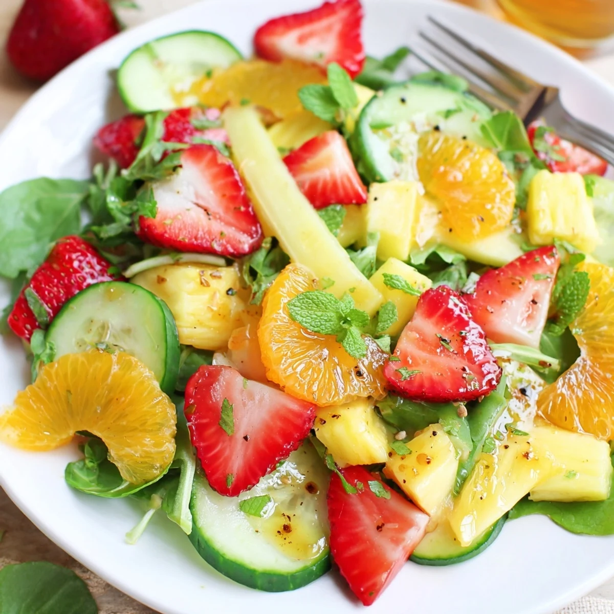 Bright Sunshine Salad on a wooden board, cucumber crisp, pineapple juicy