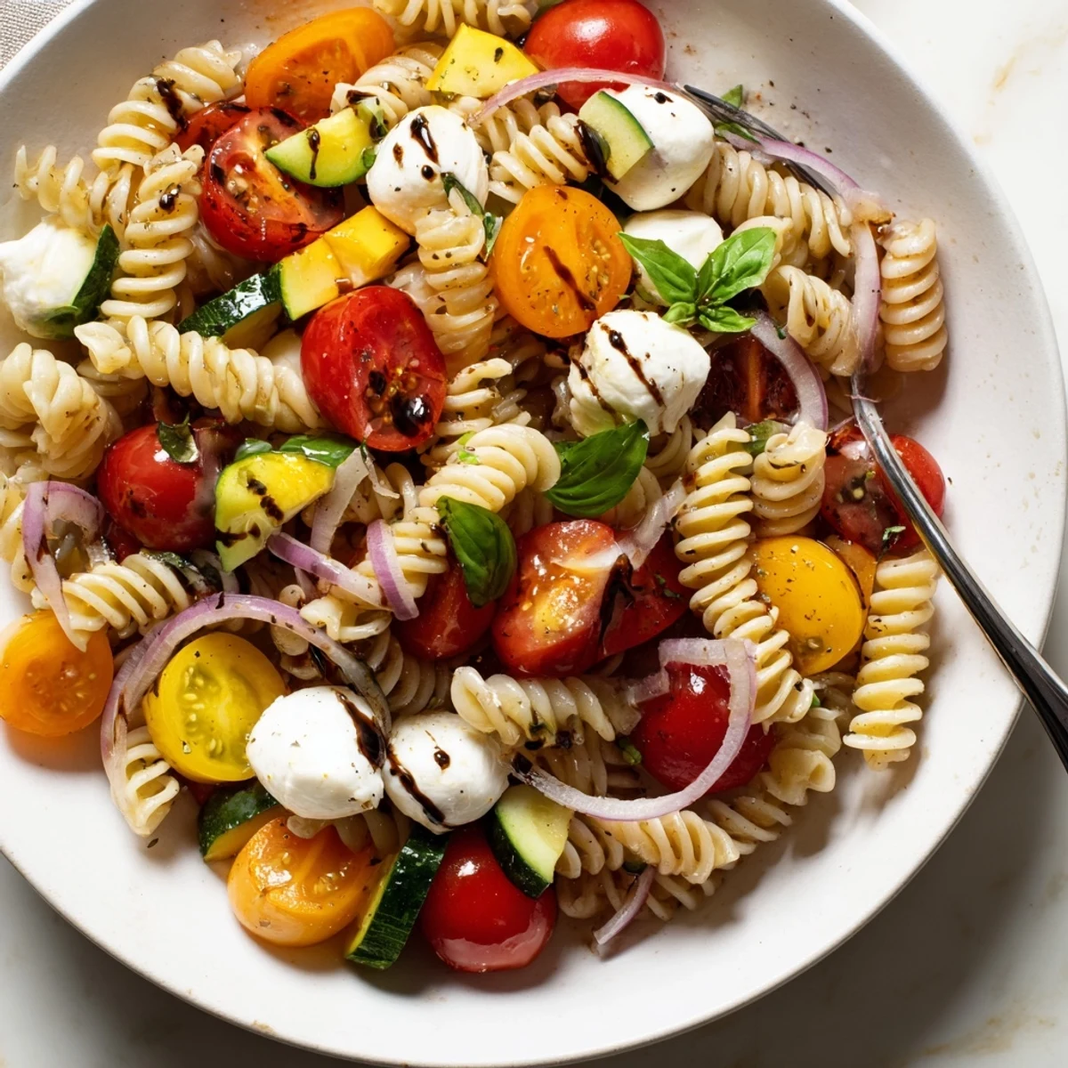 Colorful Caprese Pasta Salad with glossy cherry tomatoes and torn basil, chilled