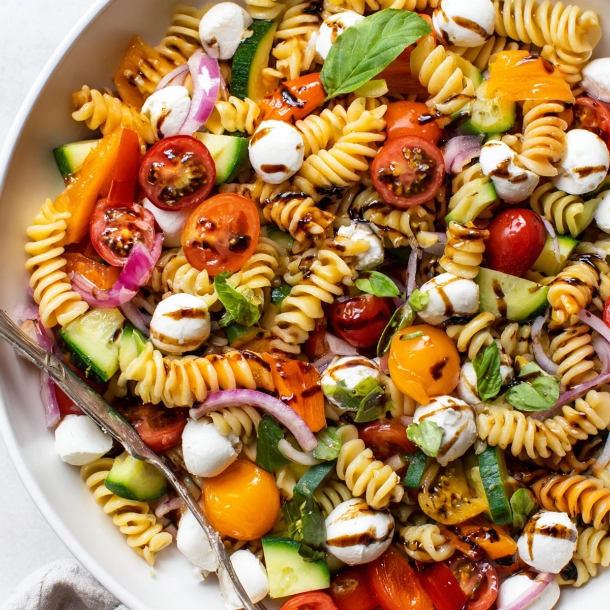 Summer-ready Colorful Caprese Pasta Salad with creamy mozzarella and crisp cucumber