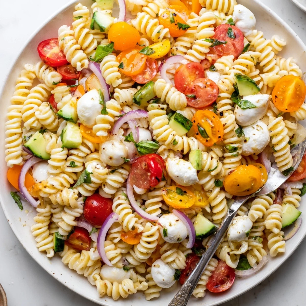 Bowl of Colorful Caprese Pasta Salad tossed in zesty balsamic vinaigrette