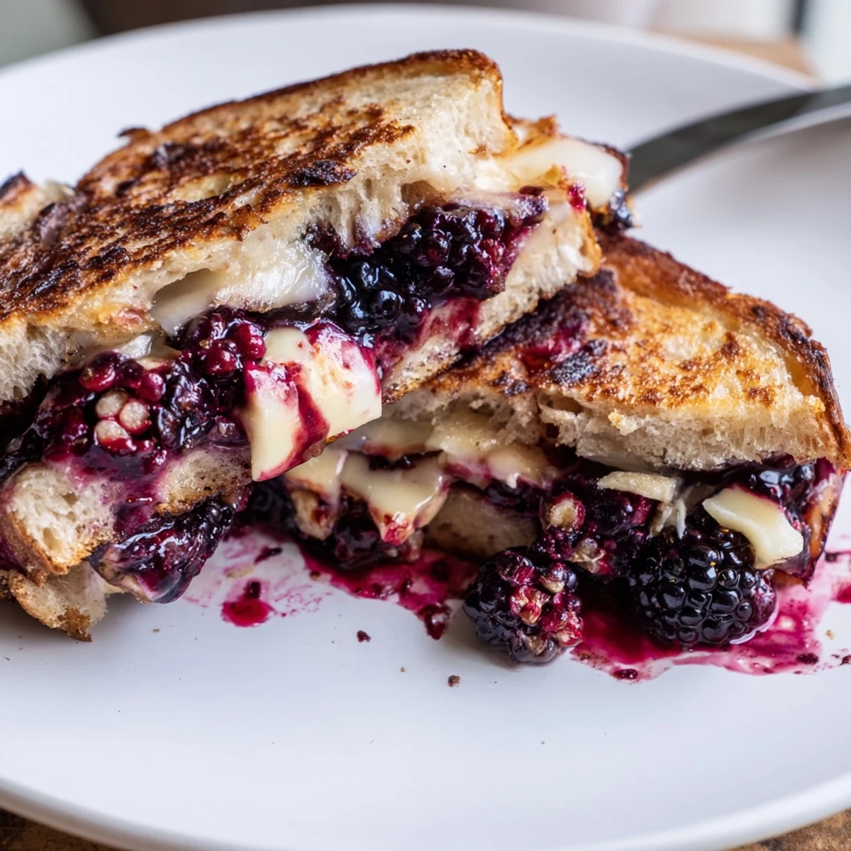 Warm Blackberry Balsamic and Brie Grilled Cheese melting between buttery sourdough slices