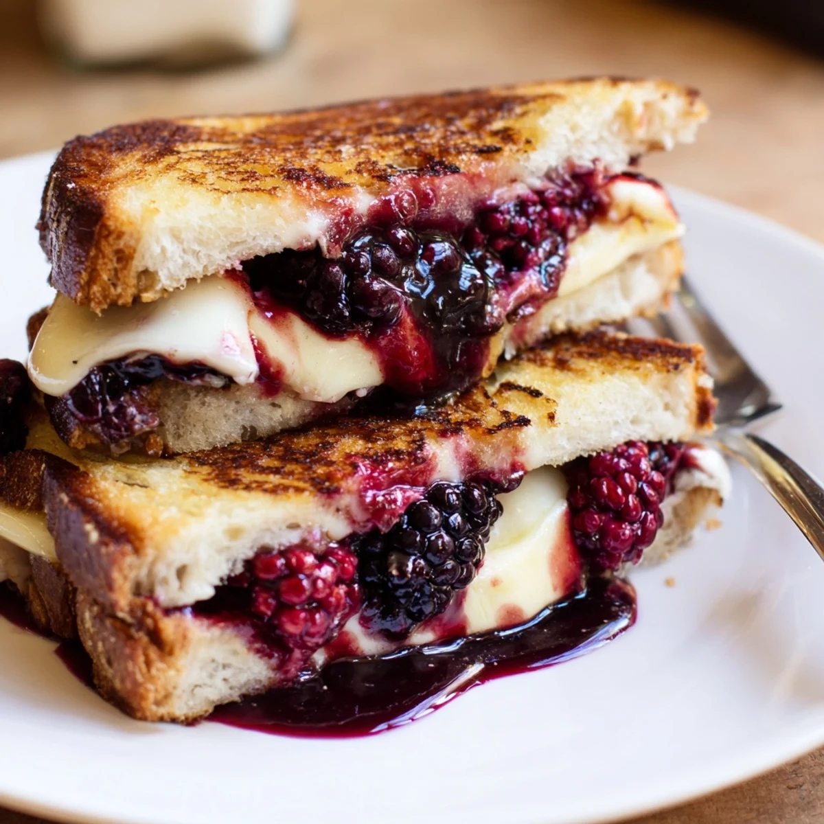 Sliced Blackberry Balsamic and Brie Grilled Cheese served warm with fresh basil