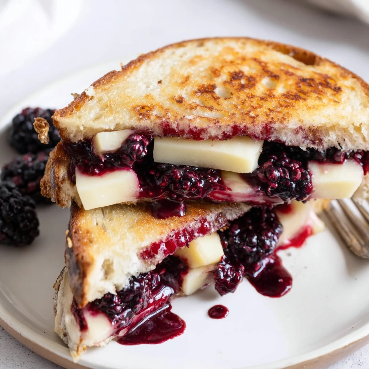Toasted Blackberry Balsamic and Brie Grilled Cheese oozing creamy cheese, brushed with butter