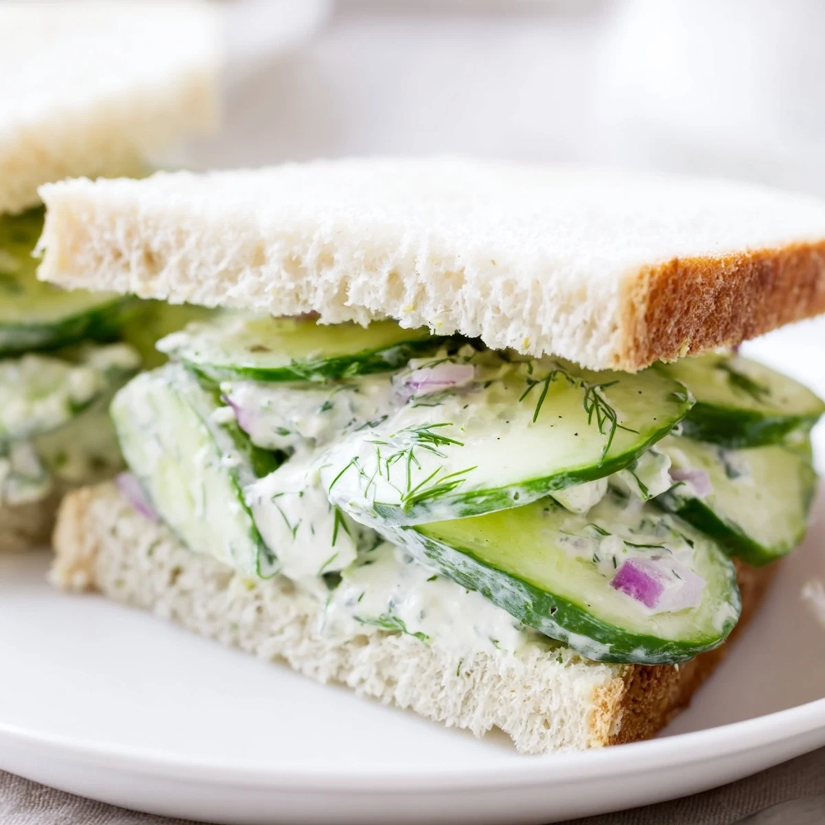 Quick Cucumber Salad Sandwiches with creamy dill dressing on soft bread  