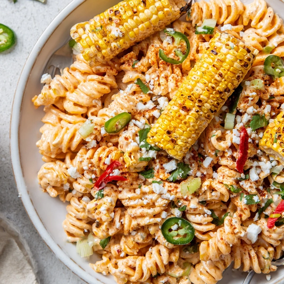 Street Corn Pasta Salad with charred corn, creamy chili-lime dressing, picnic-ready.