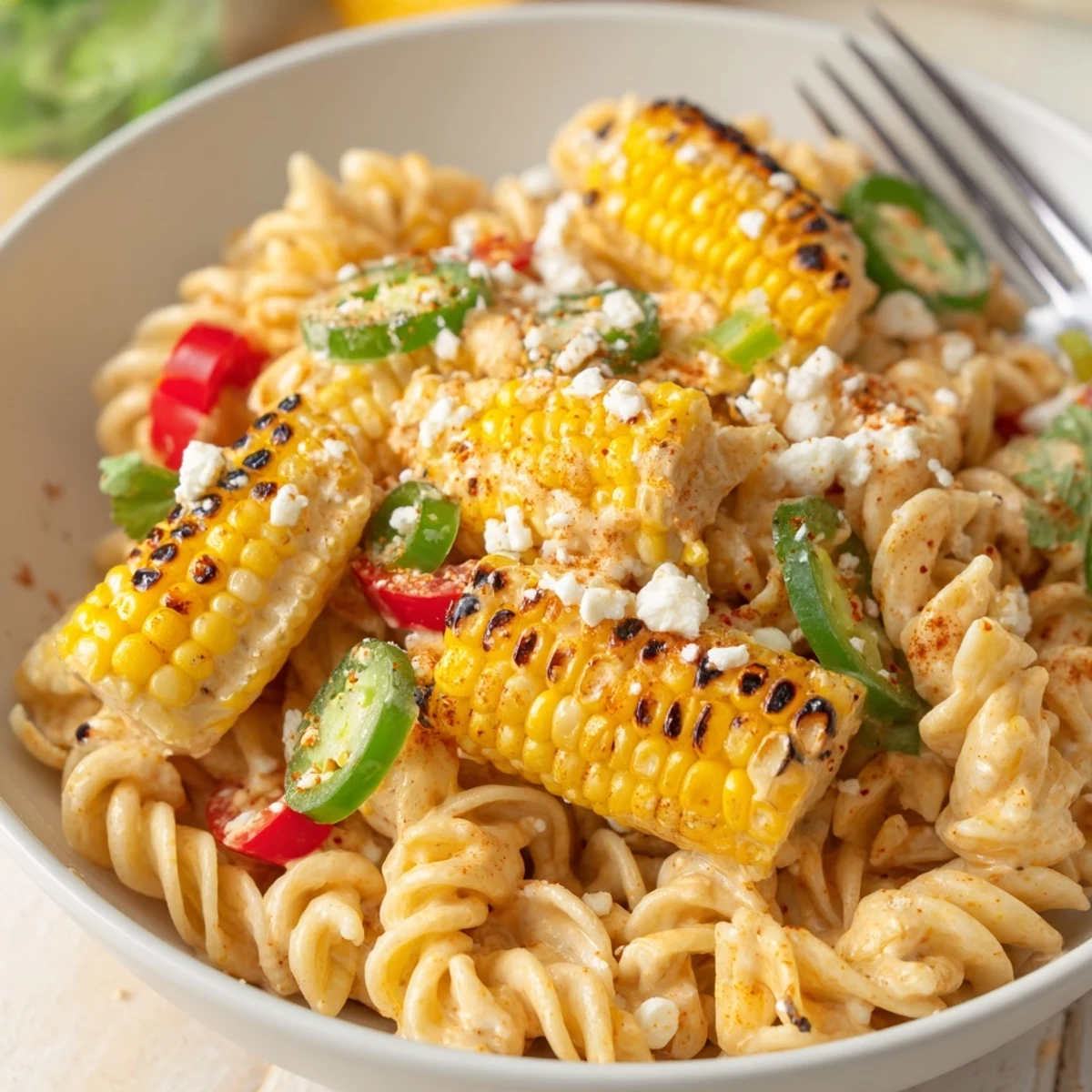 Grilled kernels and Cotija top Street Corn Pasta Salad for backyard barbecues.