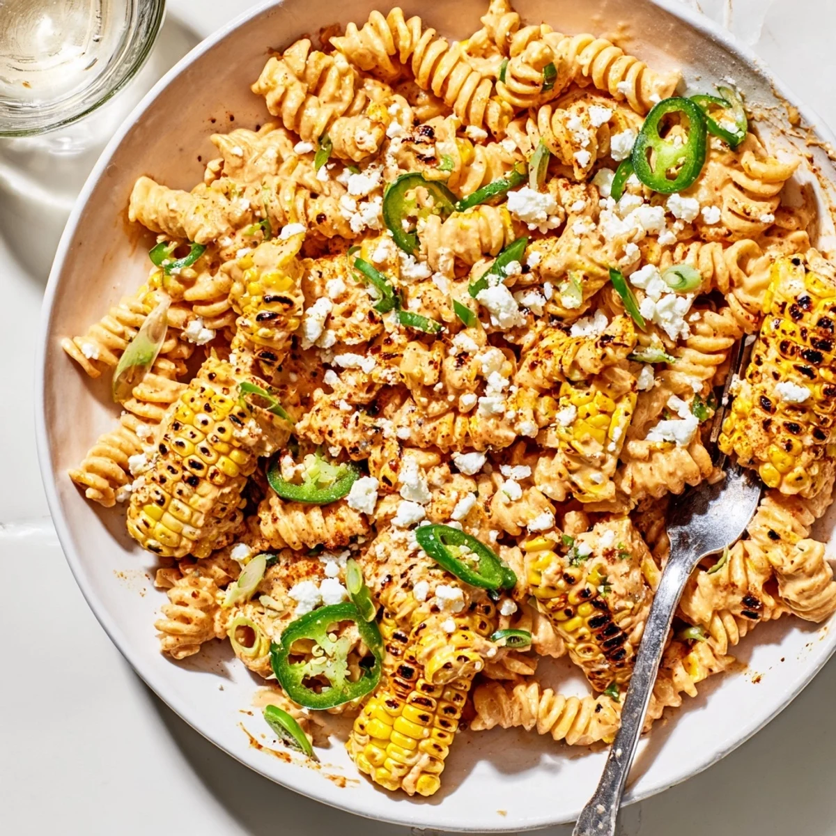Creamy Street Corn Pasta Salad tossed with jalapeño, cilantro, lime, chilled.