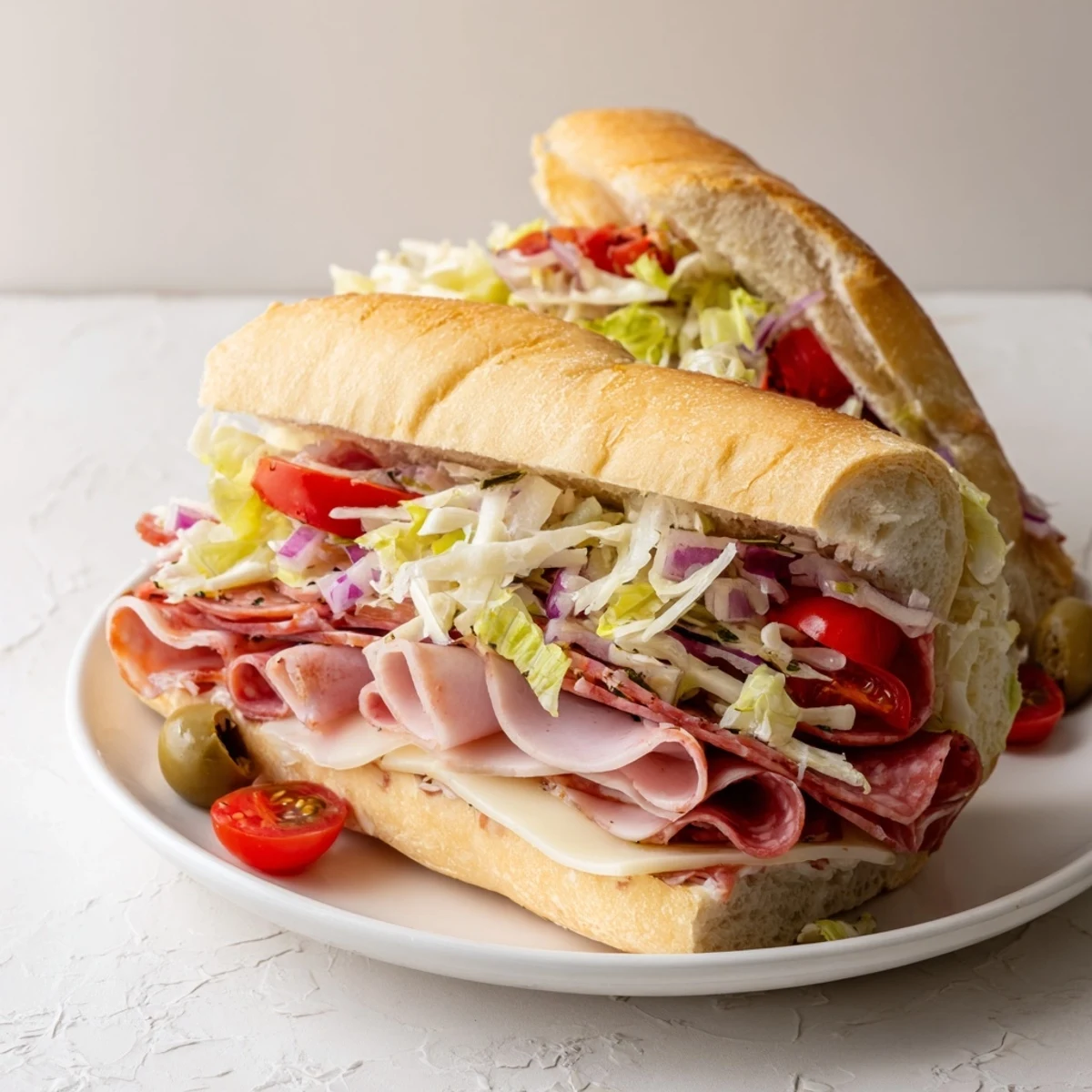 Italian Grinder Salad Sandwich piled high with savory meats and crunchy salad