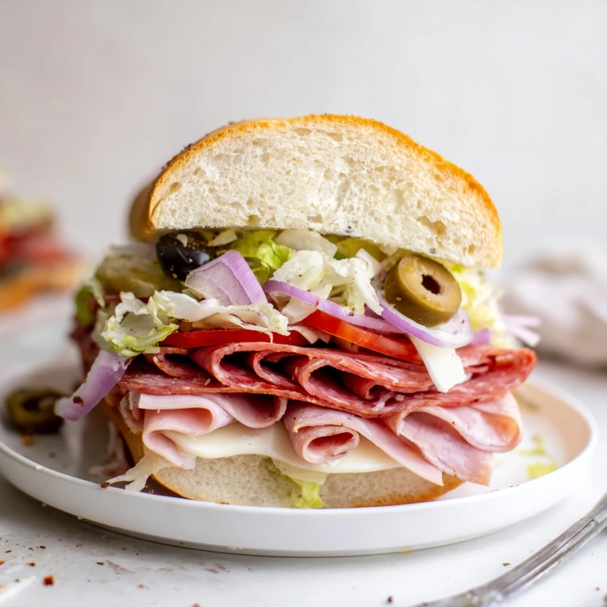 Italian Grinder Salad Sandwich on a toasted hoagie, perfect with cold lager