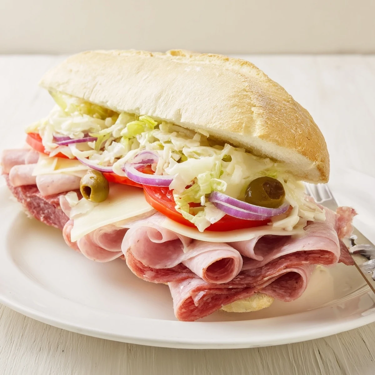 Close-up of Italian Grinder Salad Sandwich halves showing layered cheeses, zesty dressing