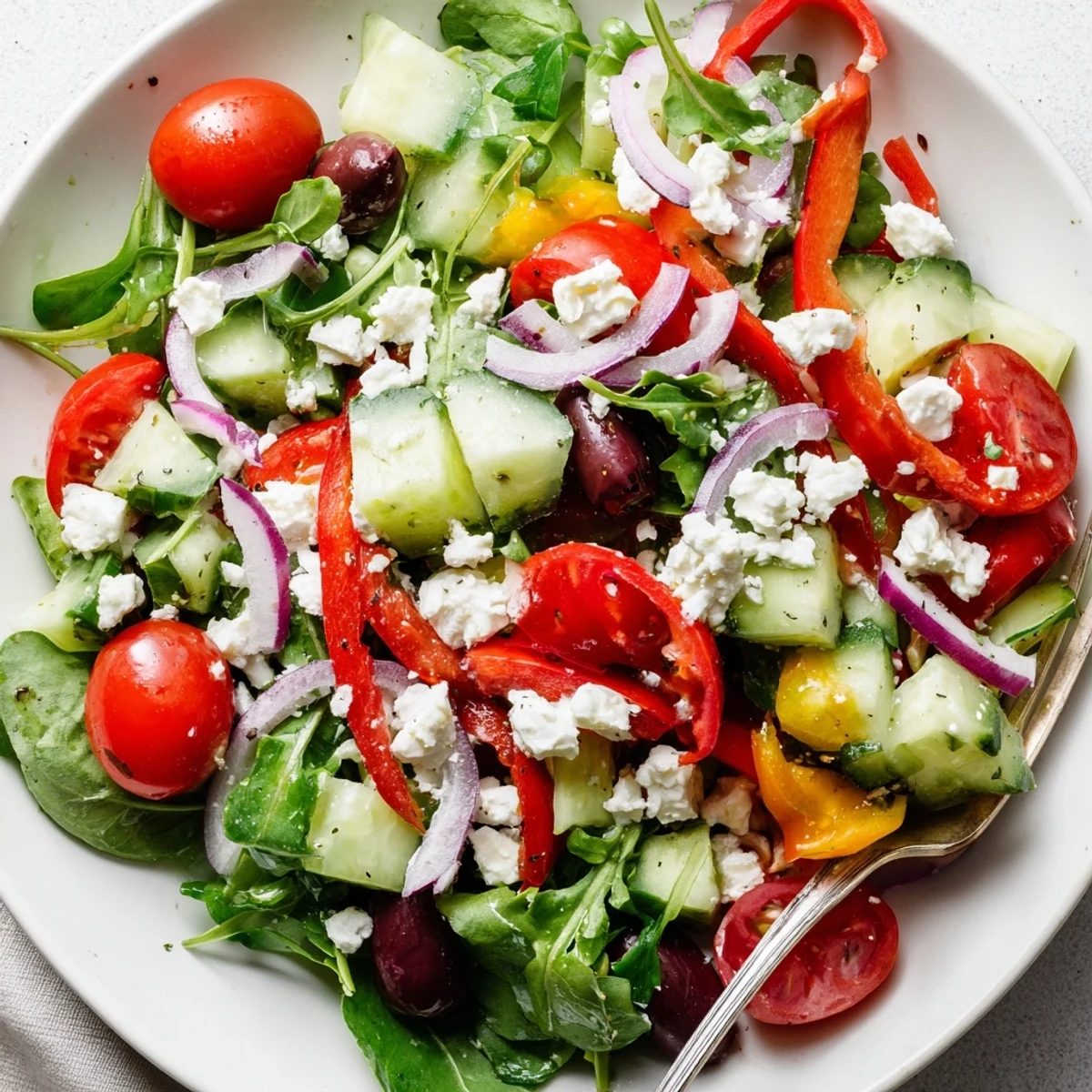 Easy Fresh Salad Recipe tossed in olive oil and lemon, ready to serve.