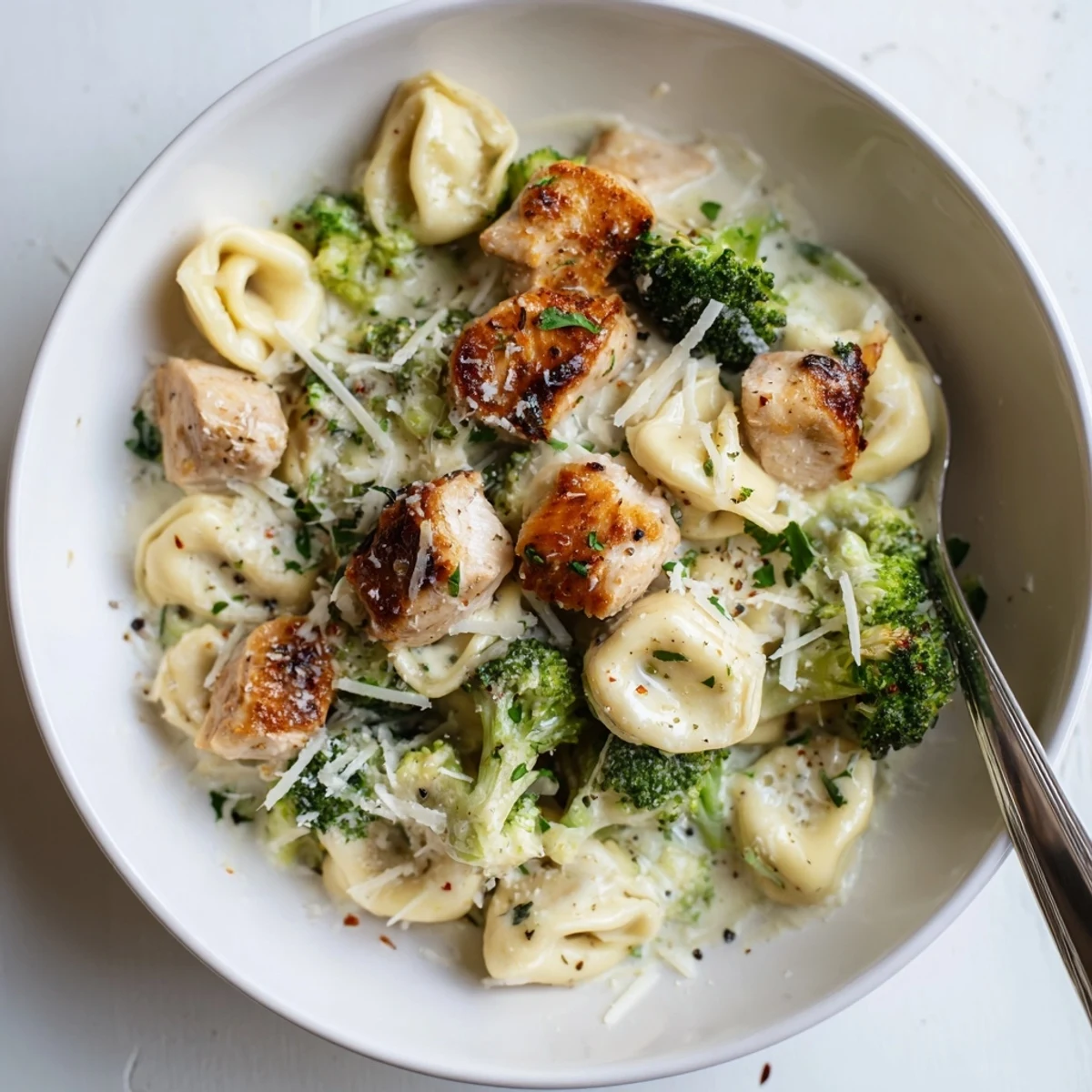 Plate of Creamy Garlic Parmesan Tortellini Chicken Broccoli Recipe, sprinkled with parsley