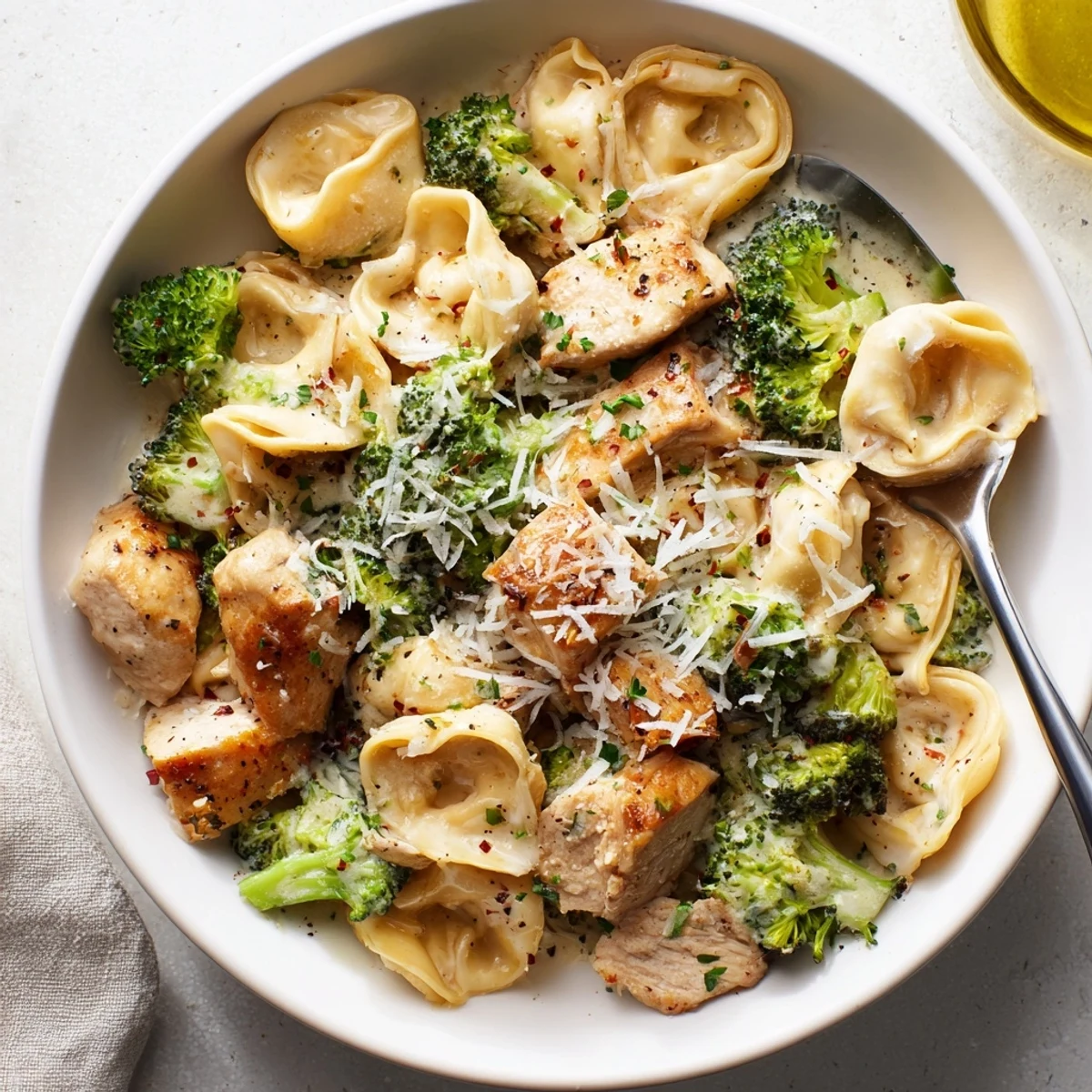 Creamy Garlic Parmesan Tortellini Chicken Broccoli Recipe steaming on skillet, silky sauce