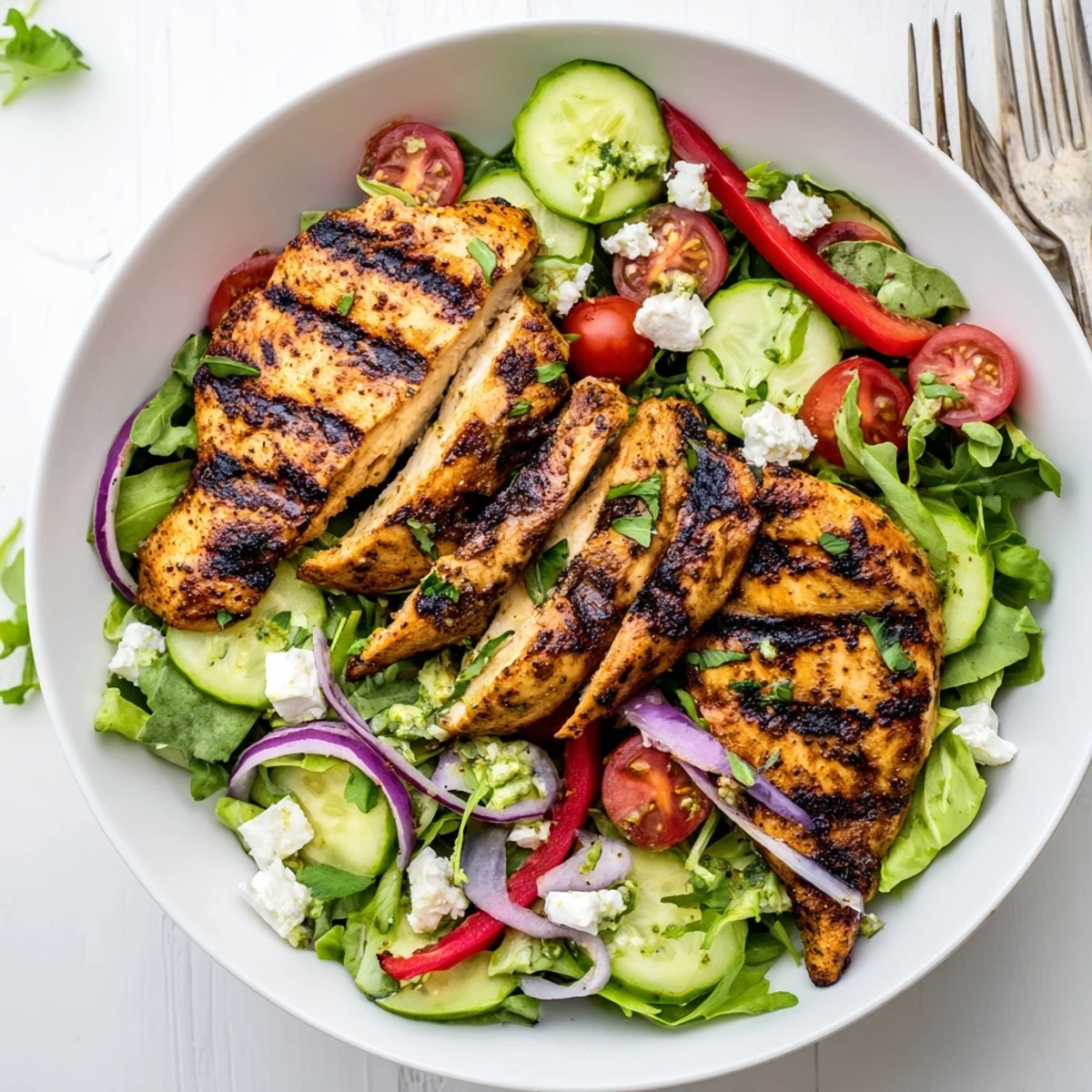 Crisp mixed greens cradle sliced chicken in Grilled Chicken Salad, creamy avocado finish