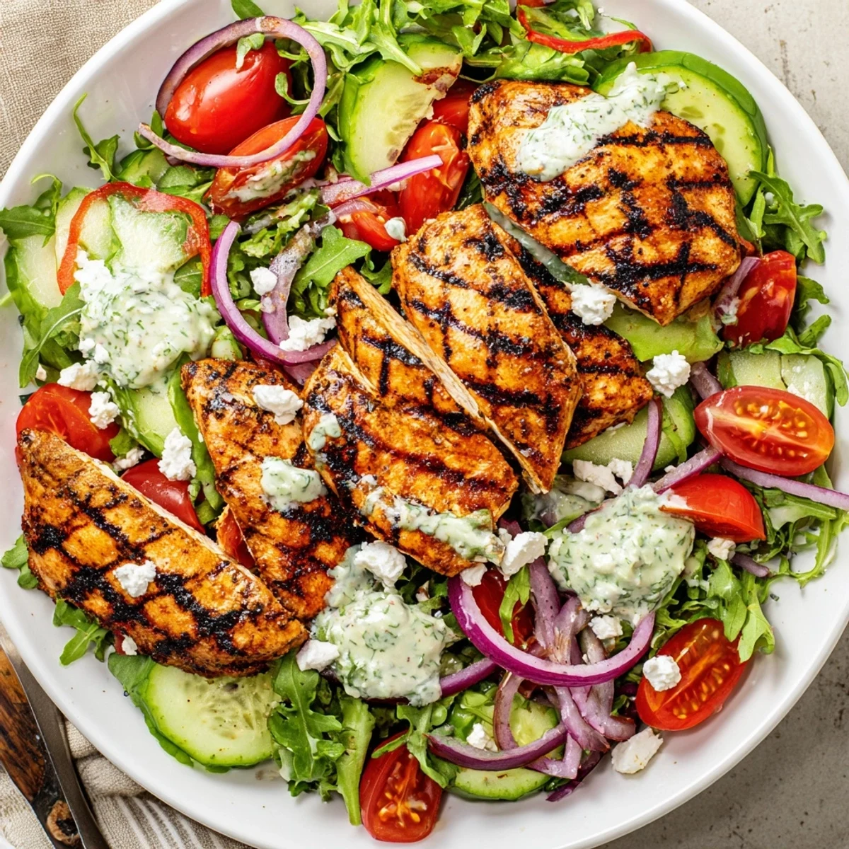 Bright Grilled Chicken Salad topped with zesty avocado herb dressing and cherry tomatoes