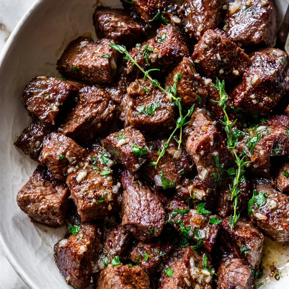 Garlic Butter Steak Bites sizzling in cast-iron, browned crust and glossy butter.
