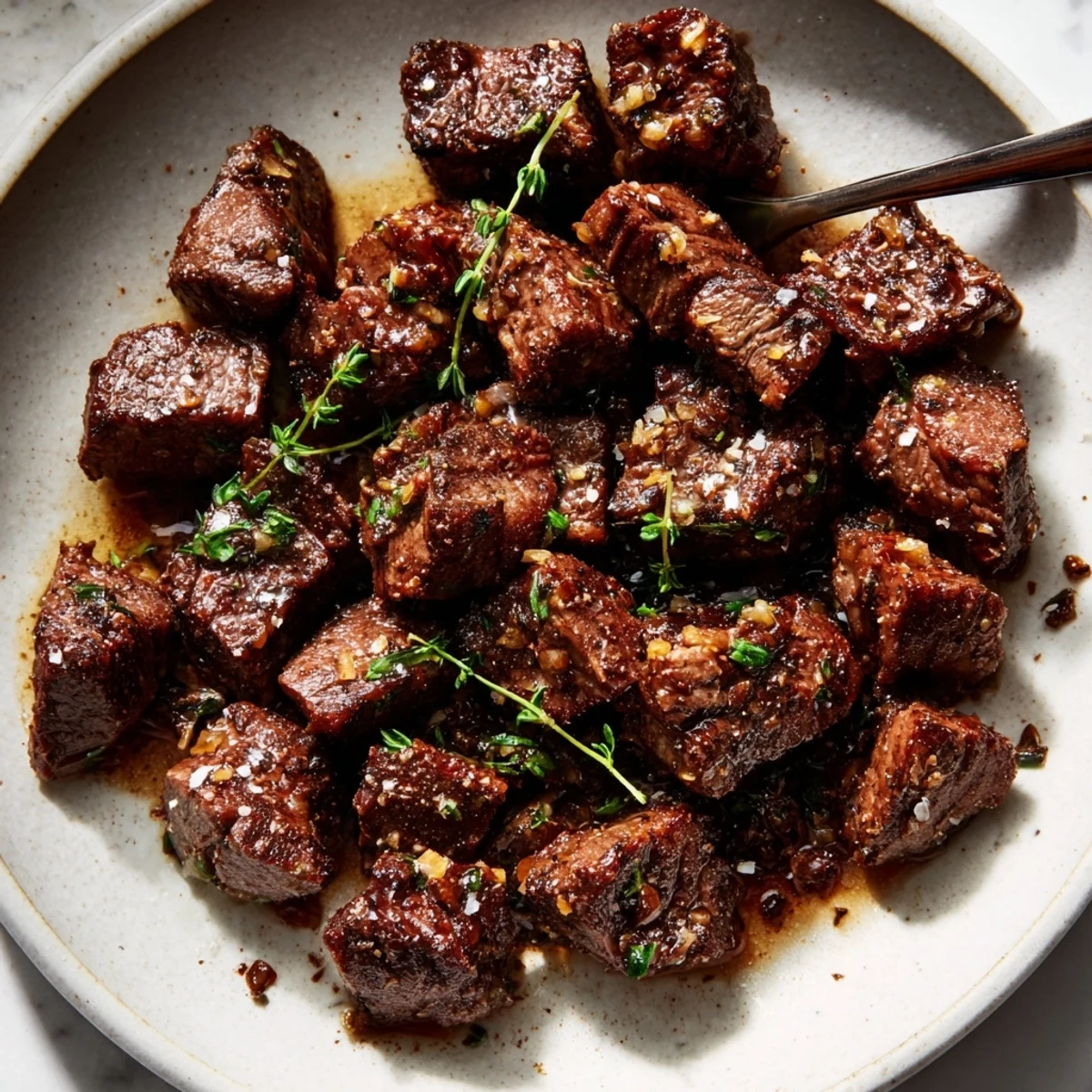 Garlic Butter Steak Bites piled on creamy mashed potatoes, sprinkled with parsley.