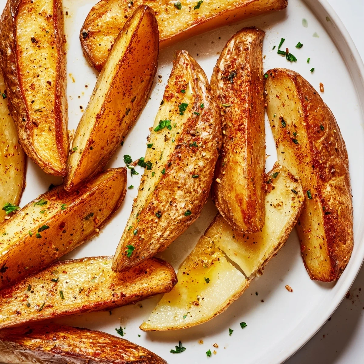 Crispy oven-baked Potato Wedges with golden edges, fluffy interior, sprinkled parsley