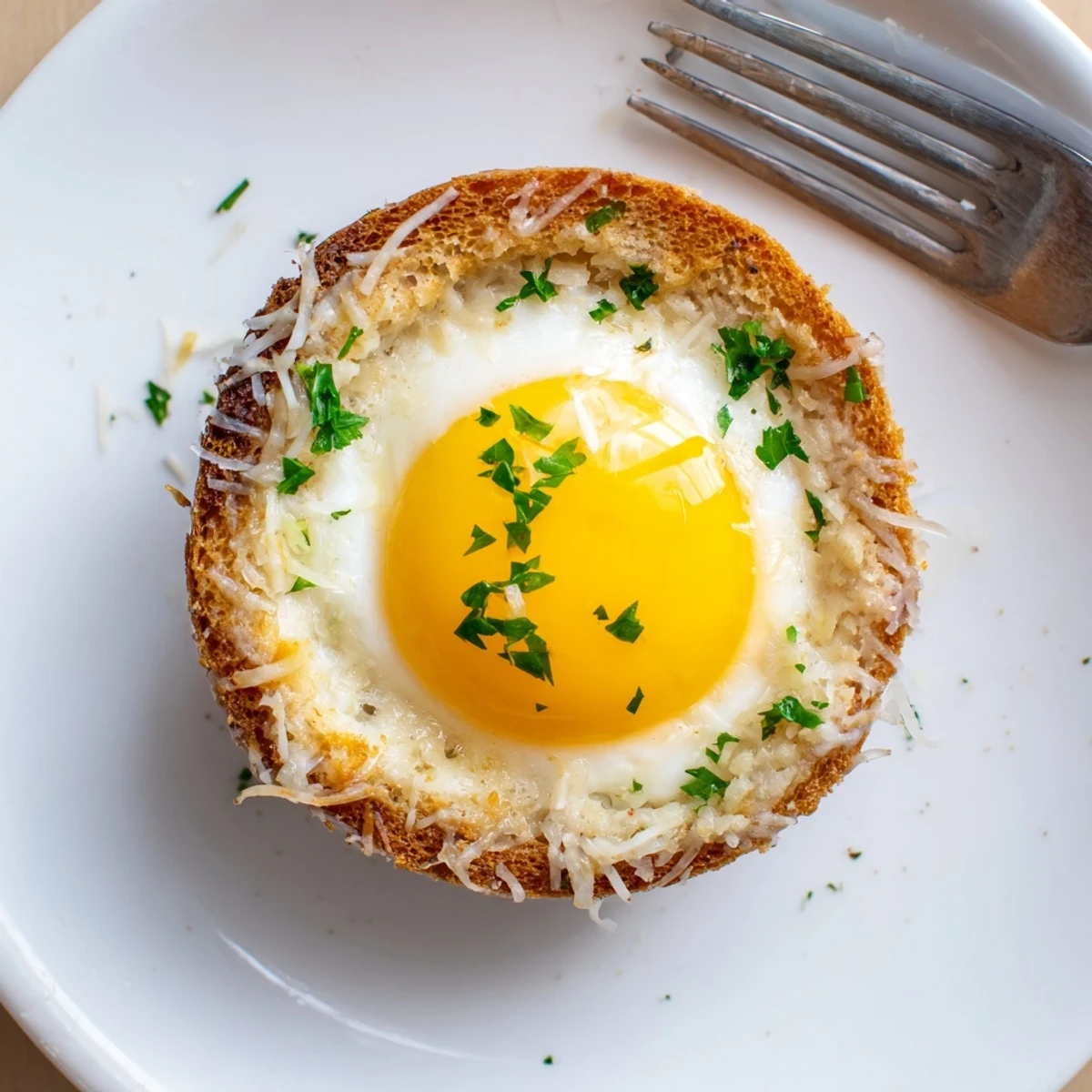 Runny-yolk Lazy Garlic Bread Egg Cups on plate, sprinkle of cracked pepper