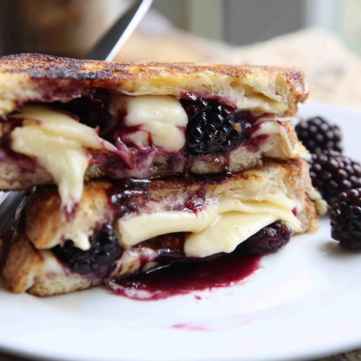 Golden toasted Balsamic Blackberry Bliss Grilled Cheese oozing melted cheeses.  