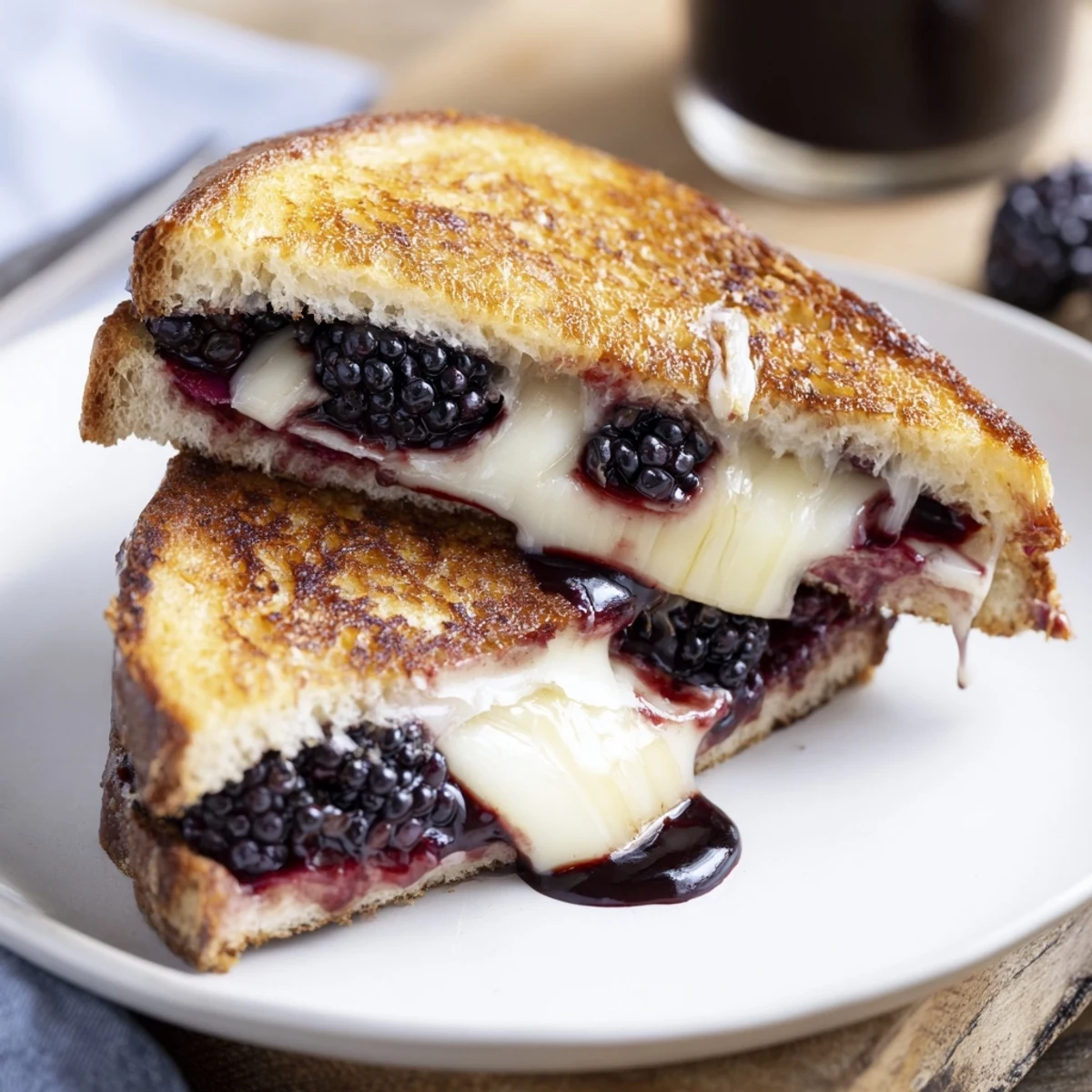 Warm Balsamic Blackberry Bliss Grilled Cheese sliced, juicy blackberries and golden crust.  