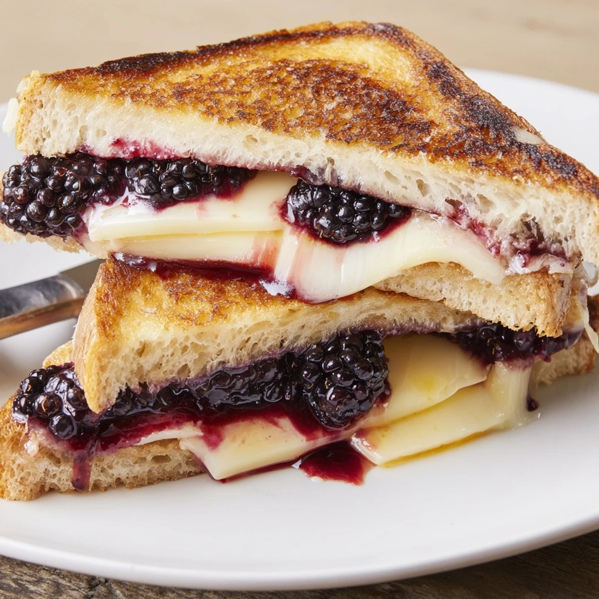 Skillet toasted Balsamic Blackberry Bliss Grilled Cheese served with fresh basil and wine.