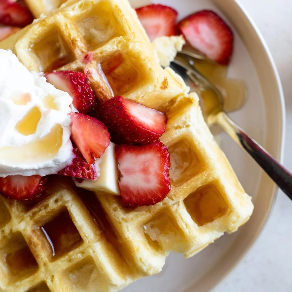 Warm Strawberry Waffles Recipe served on plate with fresh sliced berries