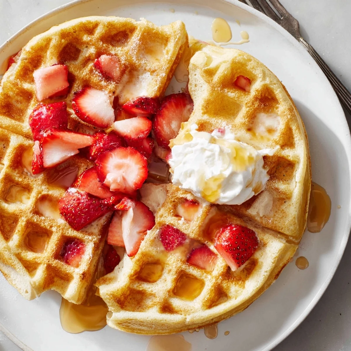 Strawberry Waffles Recipe: golden, fluffy waffles topped with whipped cream and syrup