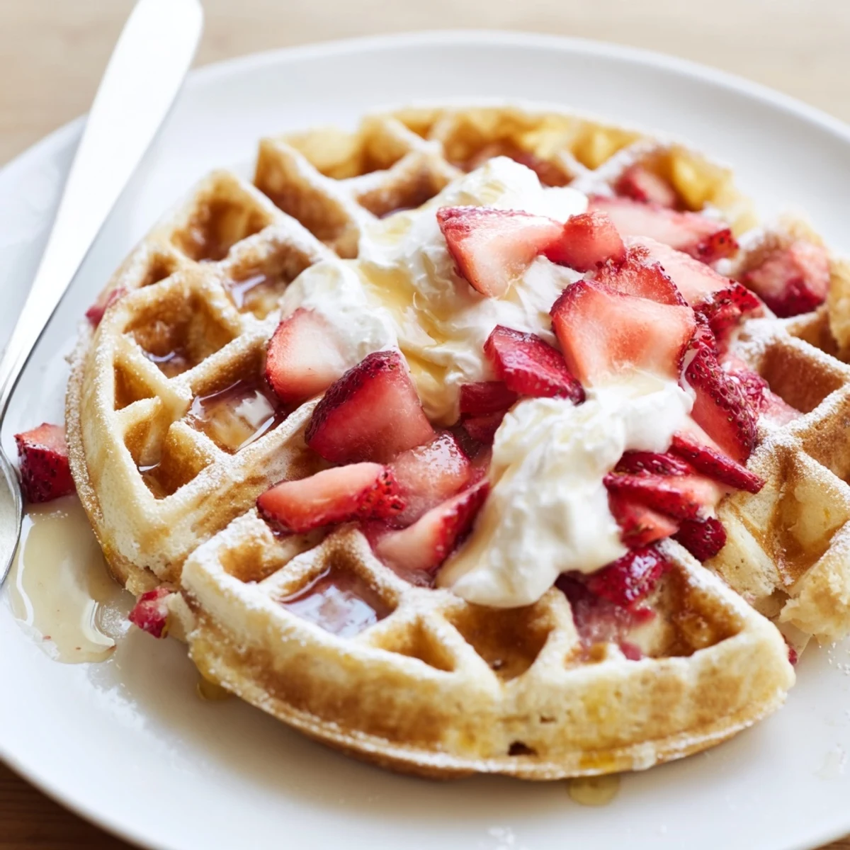 Freshly cooked Strawberry Waffles Recipe steaming from waffle iron, crisp edges