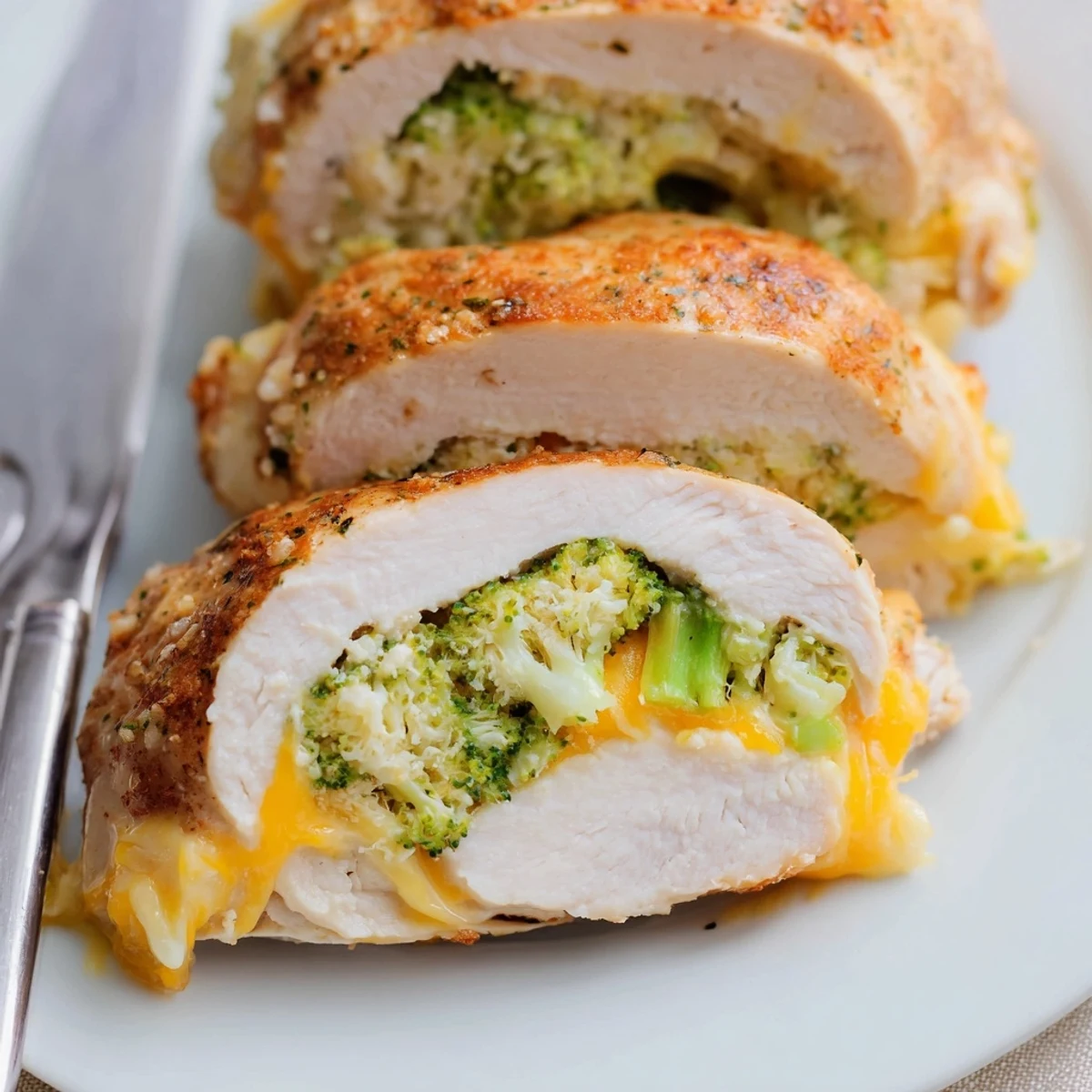 Sliced Broccoli Cheese Stuffed Chicken Breast revealing melty cheddar and tender interior